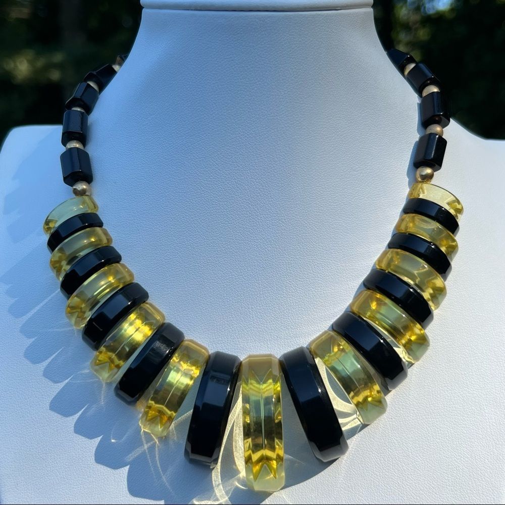 Vintage Art Deco Black Yellow Panel Beaded Resin Necklace Old Clasp Estate